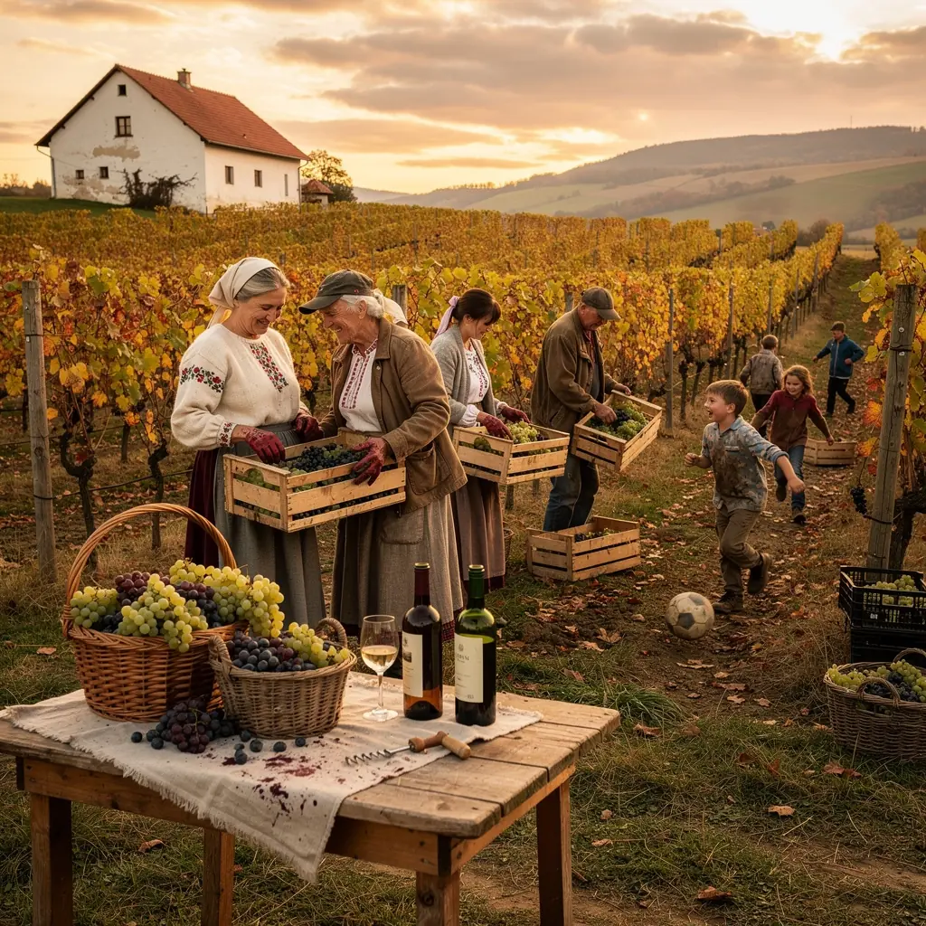 A colorful market stall filled with handmade crafts and traditional Slovak foods at a cultural gathering.